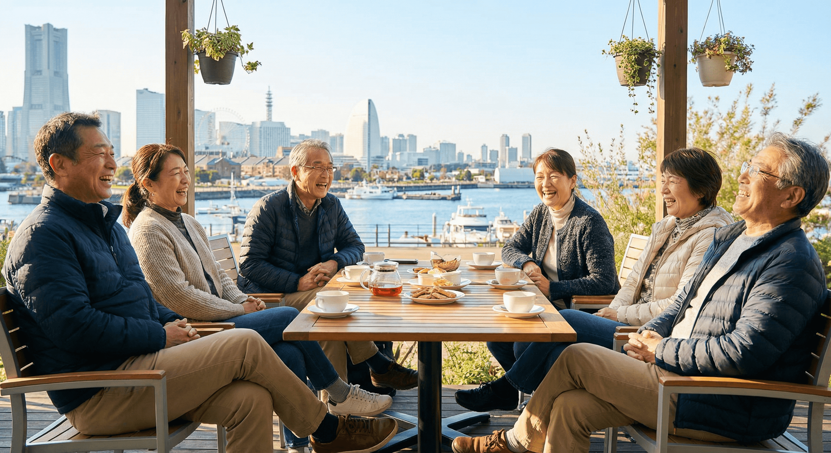 横浜のテラスで談笑するシニア世代